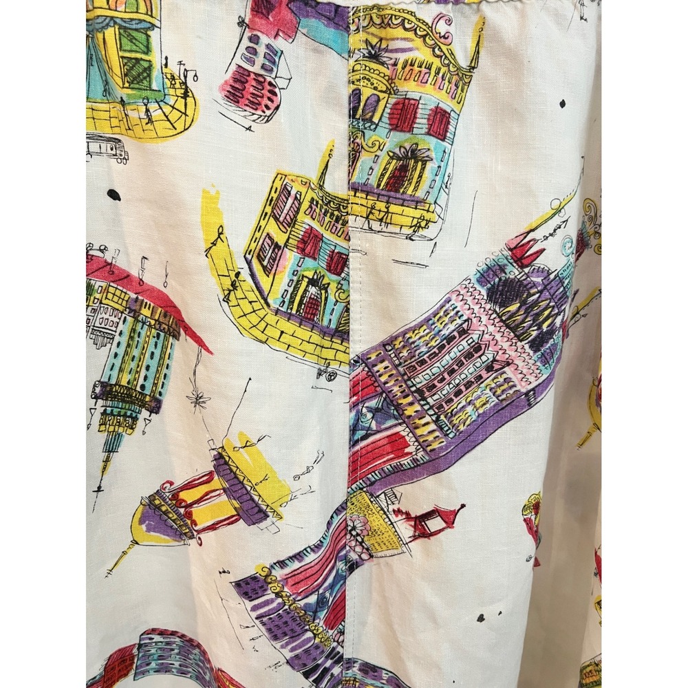 Vintage Gene Ewing Bis Linen Midi Skirt Architectural Building Print White L - Picture 3 of 7
